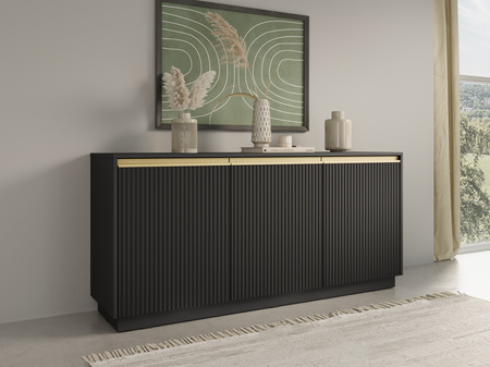 Kommode Loren 154 cm, dreitürig, mit geriffelten Fronten, schwarz