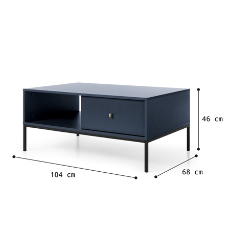 Rechteckige Couchtisch Bari mit zwei Schubladen, marineblau + goldene Füße