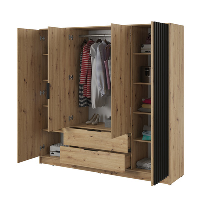 Garderobenschrank Stilo in Eiche Artisan mit vier Türen, Schubladen und Lamellen an der Vorderseite