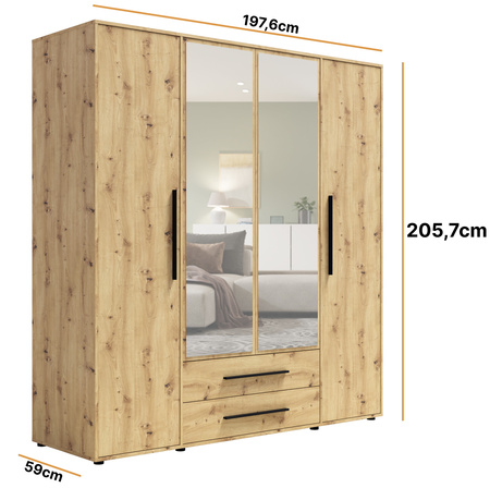 Kleiderschrank Modena SZ4D2SZ in Eiche Artisan mit Spiegel
