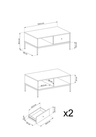 Rechteckige Couchtisch Bari mit zwei Schubladen, beige