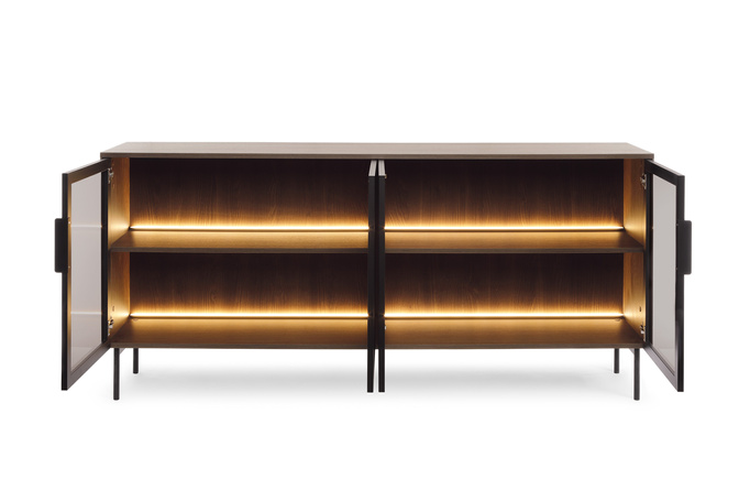 Sideboard LUMI 181 cm Eiche Dunin – 4 Türen, Riffelglas, LED-Beleuchtung