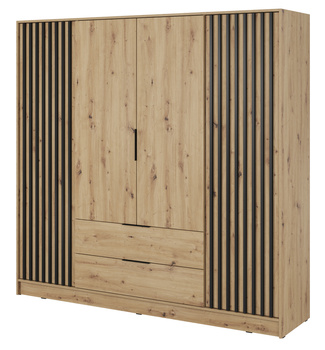 Garderobenschrank Stilo in Eiche Artisan mit vier Türen, Schubladen und Lamellen an der Vorderseite