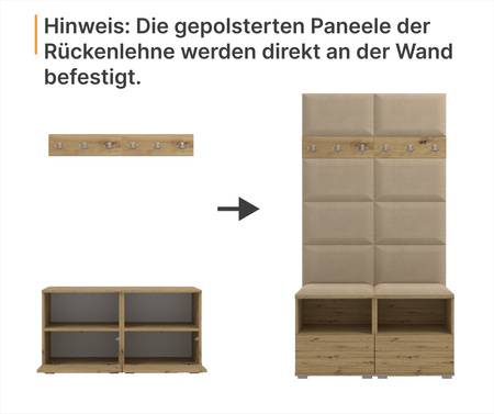 Gepolstertes Garderoben-Set Noris IV mit Spiegel – Farbe Sonoma + Stoff Trinity 16