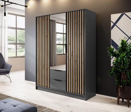 Kleiderschrank Stilo in Graphitgrau, dreitürig, mit Spiegel und Lamellenfront
