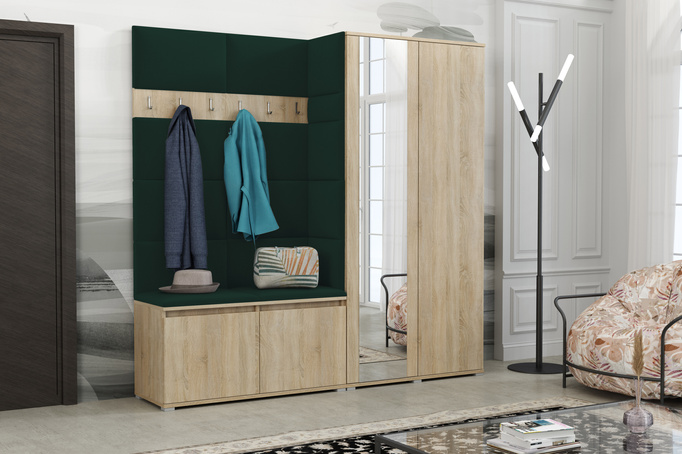 Gepolstertes Garderoben-Set Noris IV mit Spiegel – Farbe Sonoma + Stoff Trinity 28