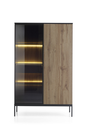 Vitrine Lagos 166 cm hoch, 2D1SZ mit Metallfüßen in Schwarz + LED