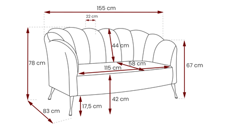 Zweisitzer-Sofa Adria Rosa Farbe 155 cm breite