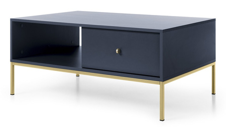 Rechteckige Couchtisch Bari mit zwei Schubladen, marineblau + goldene Füße