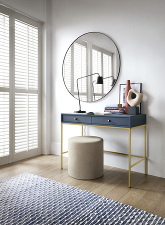 Stilvoller Schminktisch Bari mit zwei Schubladen in Marineblau + goldenen Füßen