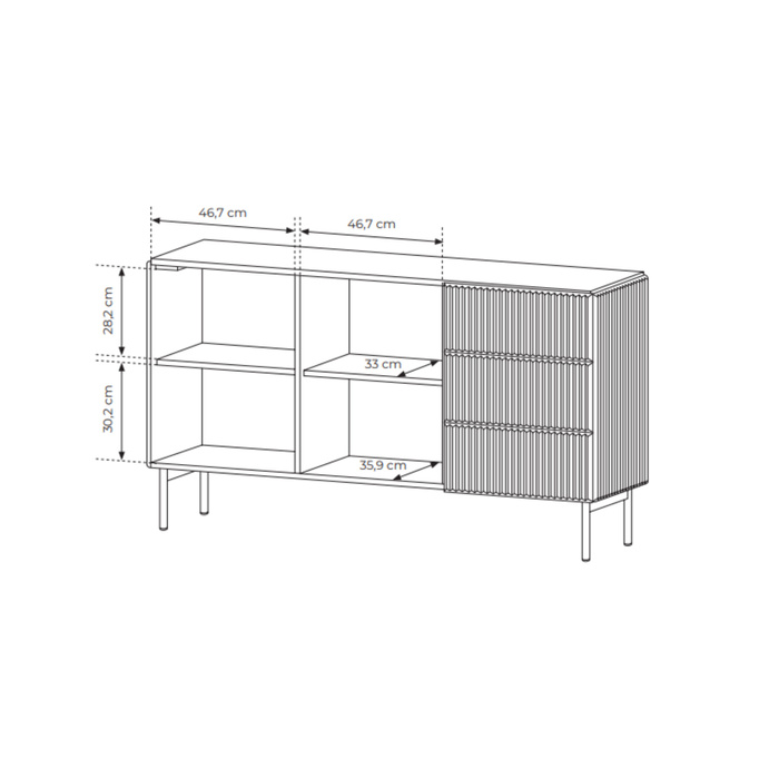 Sideboard MUTI schwarz 147 cm 3 schubladen riffeloptik push-to-open