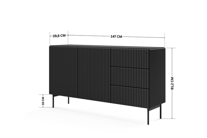 Sideboard MUTI schwarz 147 cm 3 schubladen riffeloptik push-to-open