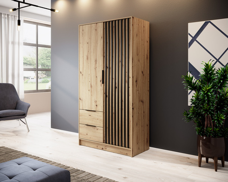 Kleiderschrank Stilo in Eiche Artisan, zweitürig, mit Schubladen und Lamellen an der Vorderseite