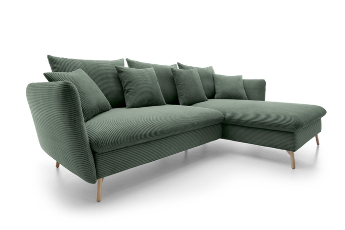 Ecksofa MORRE rechts dicker Cord Poso 14 flaschengrün Schlaffunktion Skandi-Stil