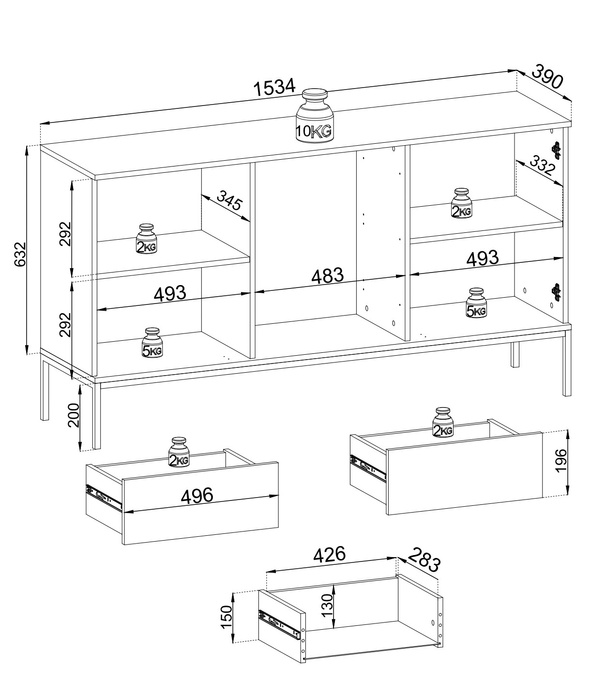 Kommode Lagos 154 cm 2D3SZ mit Metallfüßen in Kaschmir + LED
