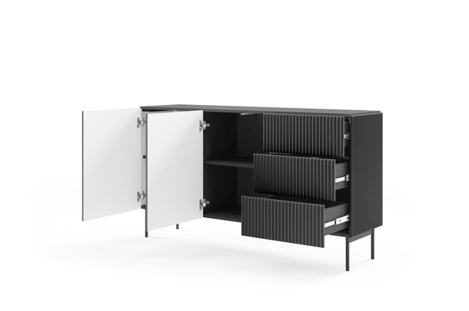Sideboard MUTI schwarz 147 cm 3 schubladen riffeloptik push-to-open